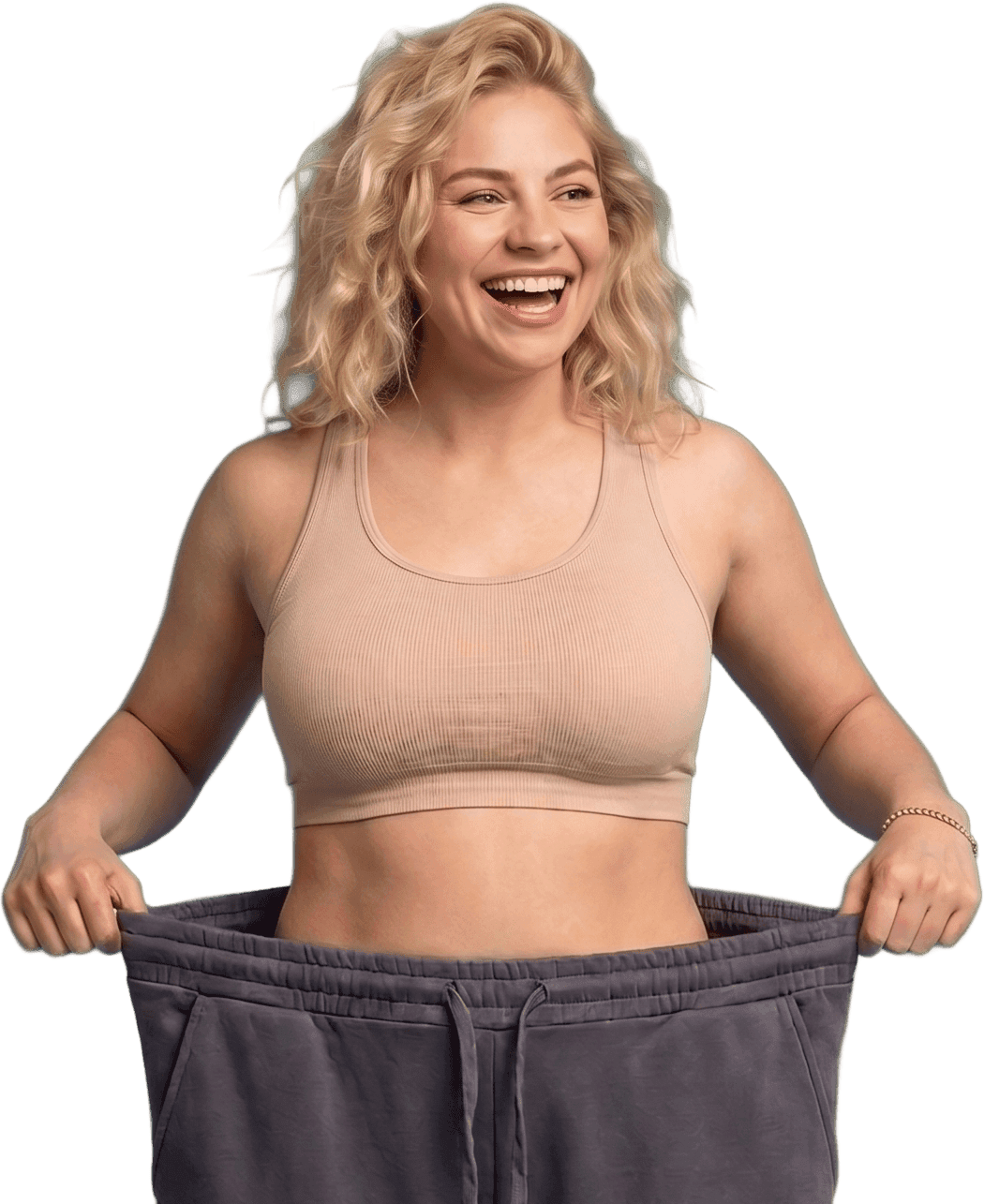 Smiling woman holding out the loose waistband of her oversized pants to show weight loss results
