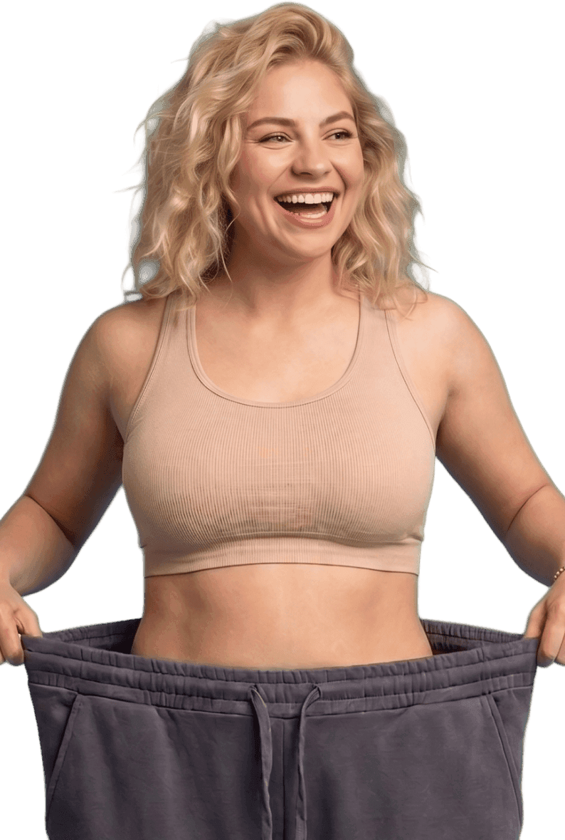 Smiling woman holding out the loose waistband of her oversized pants to show weight loss results
